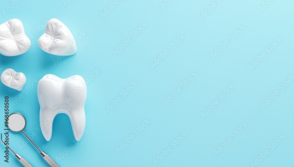Dental care concept, instruments and tooth model on a soft blue background, simple and modern layout Dental care concept, instruments and tooth model on a soft blue background, simple and modern layout