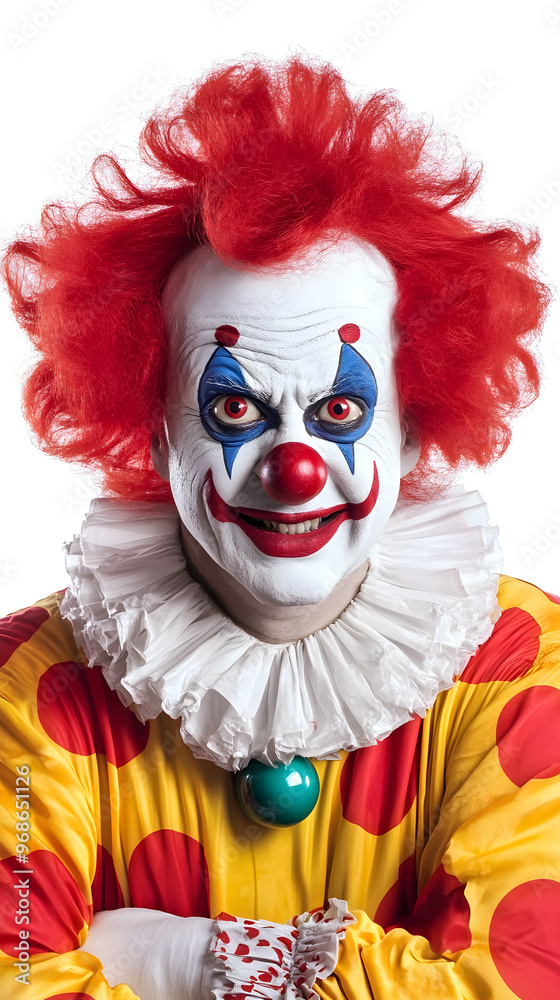 Closeup of scary horror clown face with white red makeup isolated on white