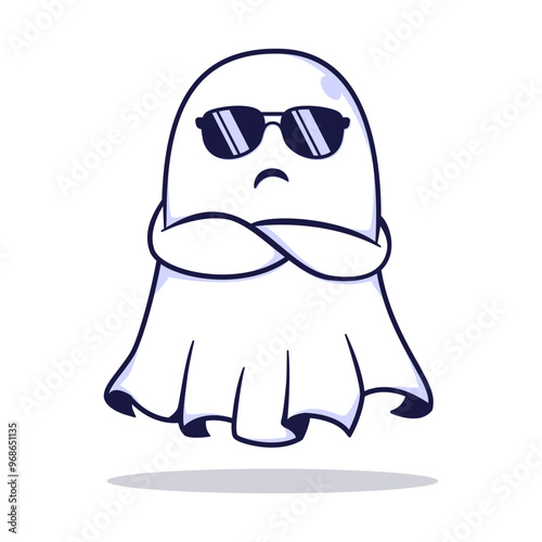 Kawaii boo angry and wearing sunglasses. Happy Halloween. Cute cartoon spooky character. Vector illustration