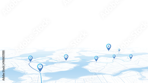 City map featuring directional signs, an intended goal point and multiple markers. An abstract navigation plan highlights POI including city streets, blocks. Vector illustration