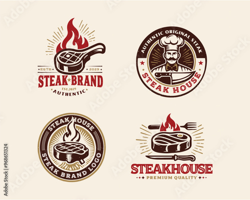 set vintage grill meat steak shop logo template for business company