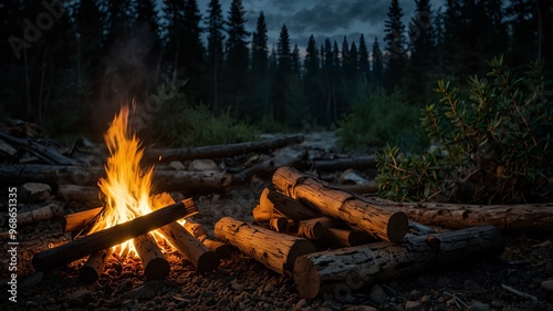 Rustic lodge fireplace flames. Warm fire burns in a large rustic lodge fireplace, with stone walls and wooden logs. Inviting atmosphere. Realistic style. photo