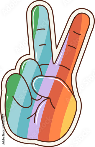 Cartoon retro groovy rainbow victory hand sign. Isolated vector hippie-style gesture is made with the index and middle fingers raised in a peace symbol, with rainbow colored pattern, embodying harmony