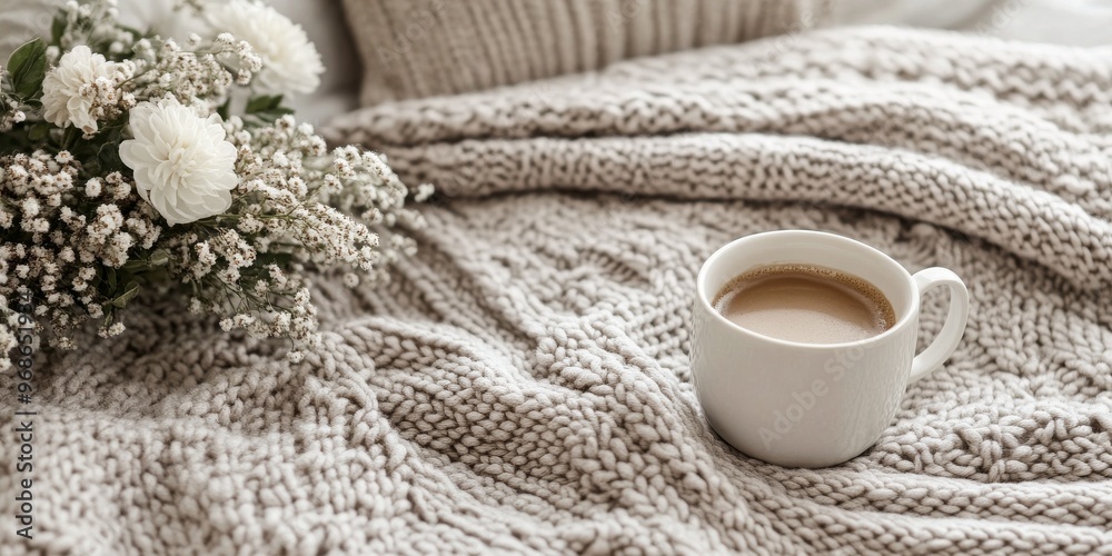 Warm Cup of Coffee Resting on a Cozy Knitted Blanket With Fresh Flowers in a Serene Indoor Setting Warm Cup of Coffee Resting on a Cozy Knitted Blanket With Fresh Flowers in a Serene Indoor Setting