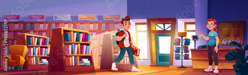 Bookstore illustration. Library interior with seller and book. Student buy learning supplies in store for education. Teenager reader inside university on cashier counter for checkout with librarian