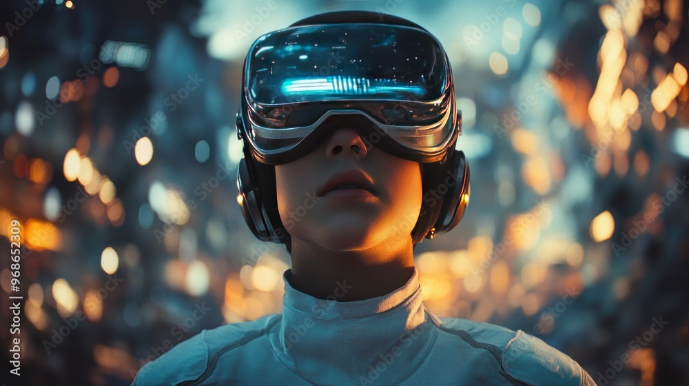 A young person wearing a virtual reality headset, immersed in a futuristic digital world. A young person wearing a virtual reality headset, immersed in a futuristic digital world.