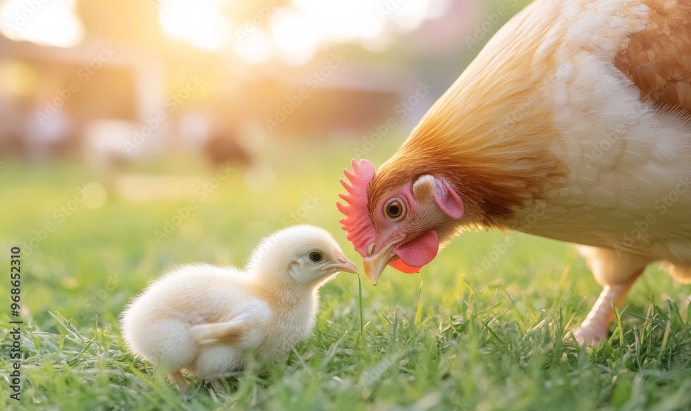 Fototapeta premium Mother Hen Cares for Her Fluffy Chick in a Sunlit Grass Field During Golden Hour