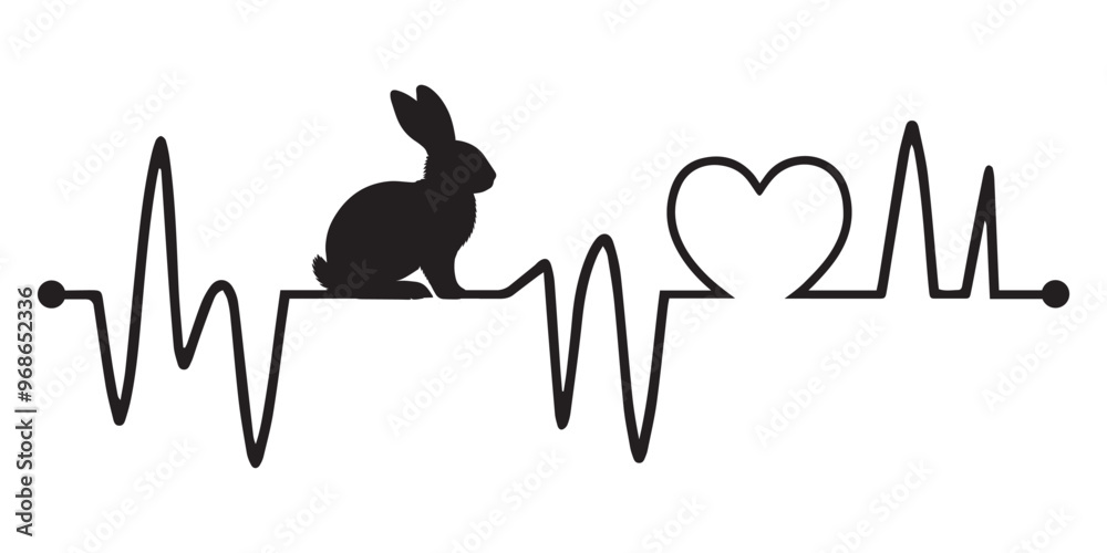 Heartbeat line with Rabbit silhouette, Rabbit and Heartbeat frequency with Heart Love Vector illustration
