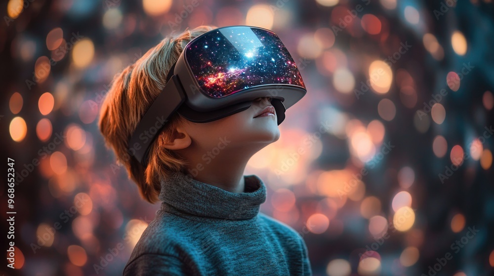 A young boy wearing a VR headset looks up in wonder at a virtual galaxy projected in front of him, against a background of glowing, colorful lights. A young boy wearing a VR headset looks up in wonder at a virtual galaxy projected in front of him, against a background of glowing, colorful lights.