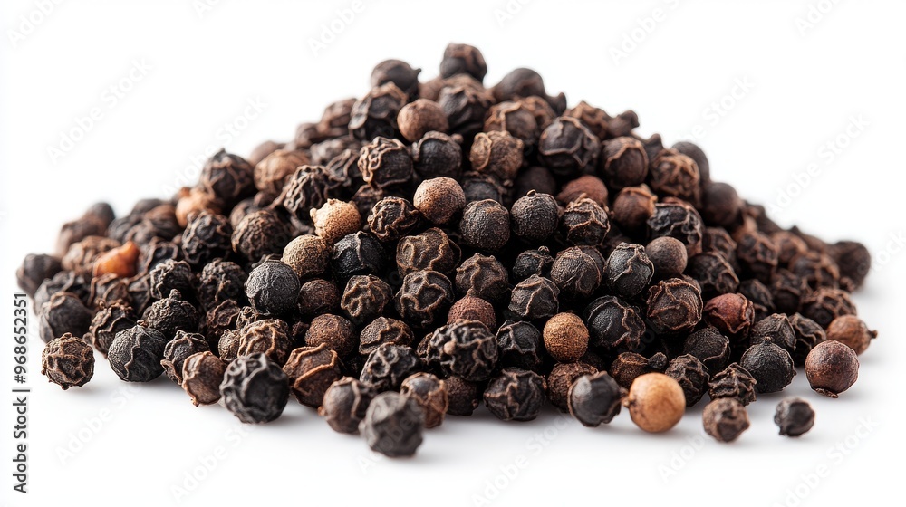 Close-up of Black Peppercorns on White, Showcasing Their Texture and Colors