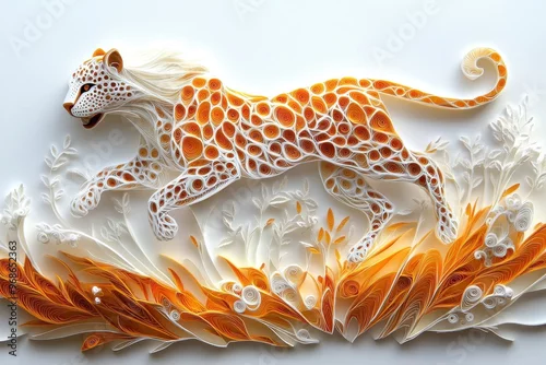 Fototapeta Intricate Paper Cut Quilling Art of a Leopard Running Through Savannah, Symbolizing Wild Speed and Agility