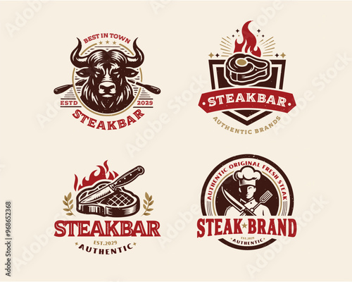 set vintage grill meat steak shop logo template for business company