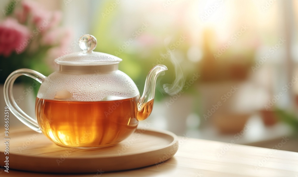 Hot Tea Served in a Clear Glass Teapot on a Wooden Tray With Sunlit Rose Garden in the Background