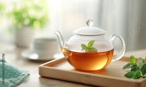 A Clear Teapot Filled With Herbal Tea and Fresh Mint Leaves on a Wooden Tray in a Sunlit Kitchen