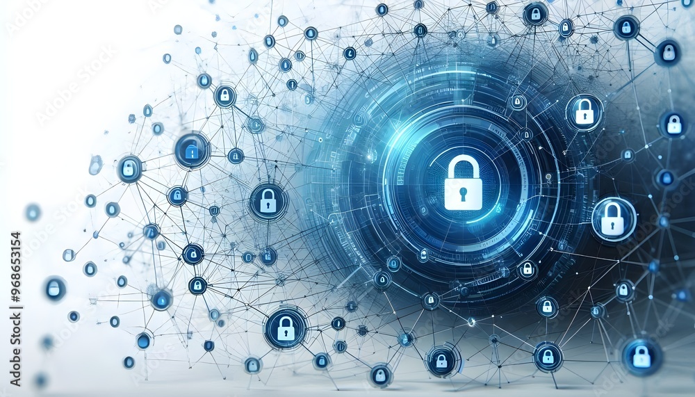 Obraz premium The image shows an abstract network of blue lines with data points and lock symbols. The background is white, representing a clean, isolated technology and data security concept. 3D Rendering