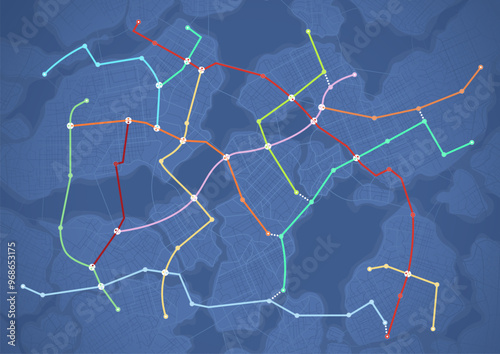 Top view of futuristic subway map. Abstract map of city roads. Transportation network smart city transport. Vector illustration