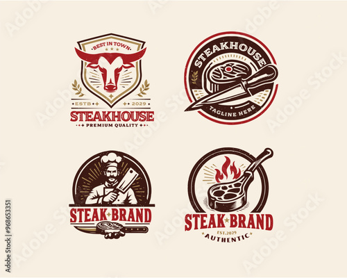 set vintage grill meat steak shop logo template for business company