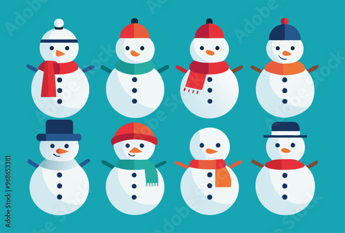 Collection of Cute Cartoon Snowmen with Various Hats and Scarves - Winter Vector Illustration