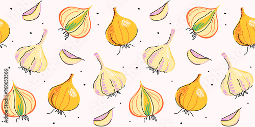 Seamless pattern of onion and garlic on light background, set of vegetables, drawing, hand drawn illustration
