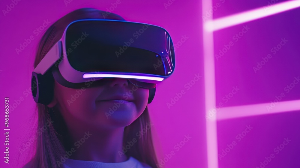 A young girl wearing a VR headset, looking into the virtual world against a neon pink background.