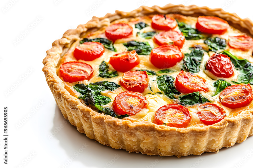 Quiche pie with tomatoes, spinach and cheese isolated on a white background Quiche pie with tomatoes, spinach and cheese isolated on a white background