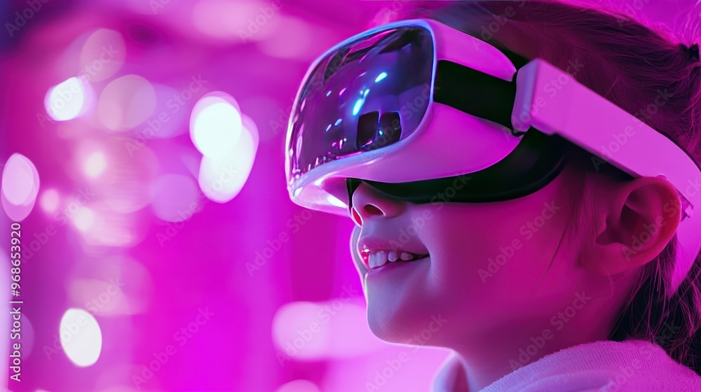 A young girl wearing a virtual reality headset looks up with a smile on her face. A young girl wearing a virtual reality headset looks up with a smile on her face.