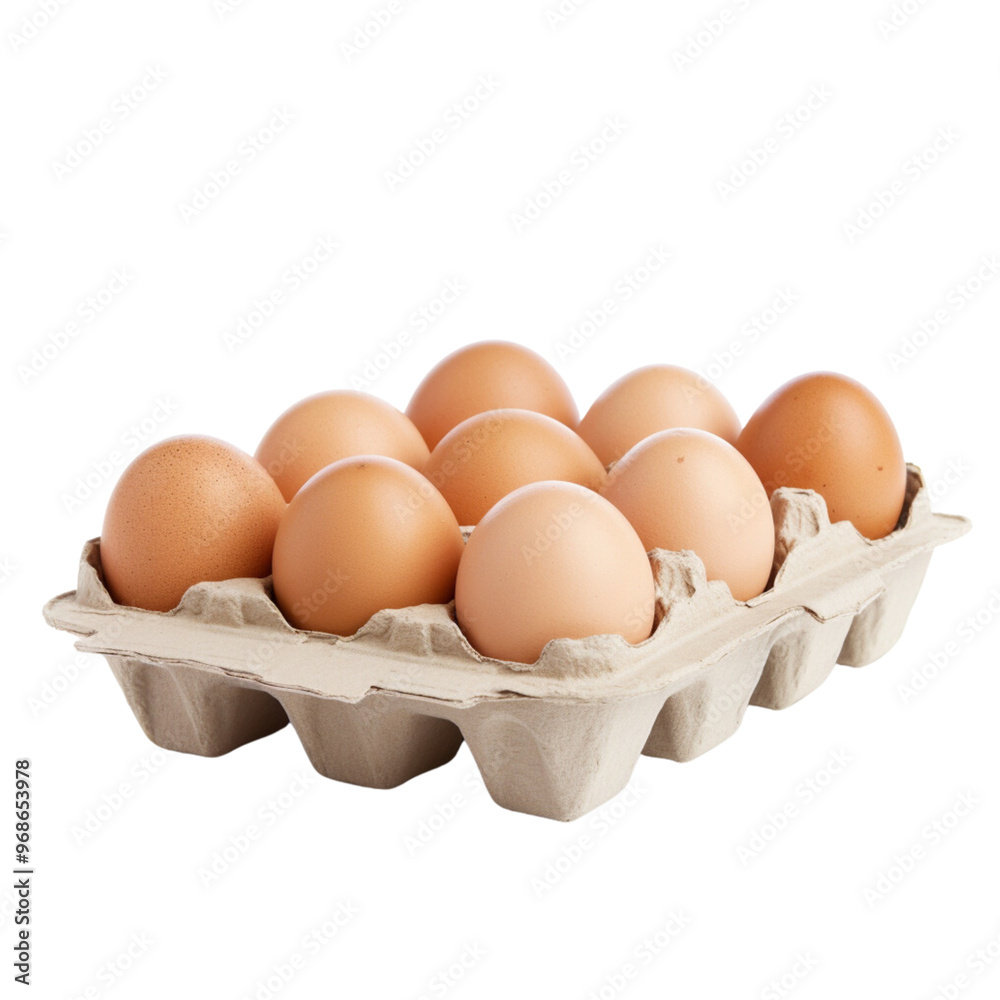 Brown eggs in a carton of eggs on a transparent background
