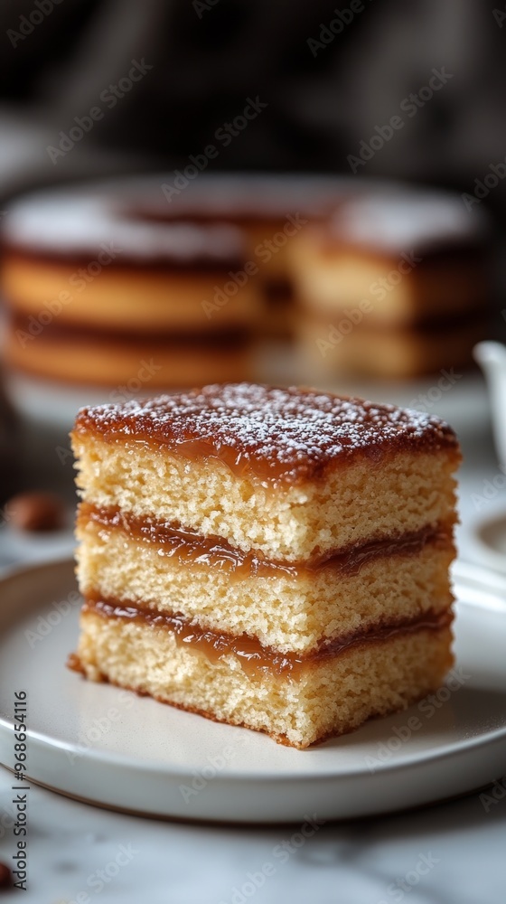 Layered Cake With Caramel Filling Served on a Plate in a Cozy Kitchen Setting Layered Cake With Caramel Filling Served on a Plate in a Cozy Kitchen Setting