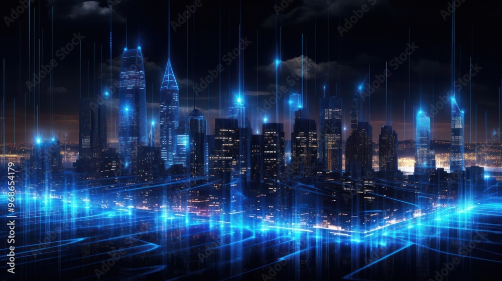 Fototapeta premium Futuristic Cityscape with Glowing Blue Lines