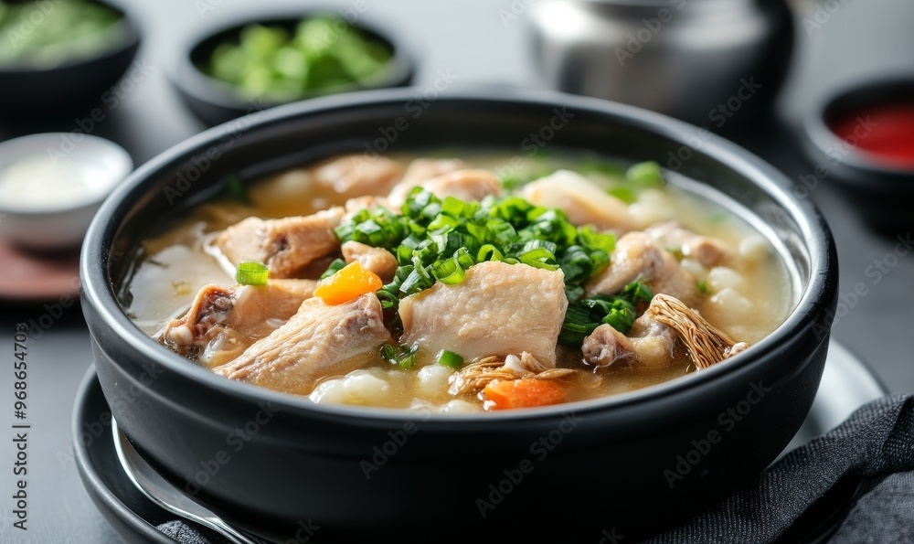 Delicious Chicken Soup With Vegetables and Herbs Served in a Black Bowl on a Wooden Table Delicious Chicken Soup With Vegetables and Herbs Served in a Black Bowl on a Wooden Table