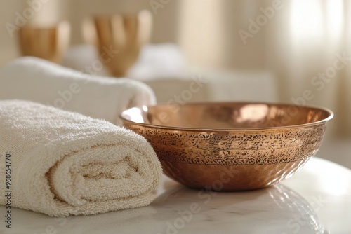 Close up of hammam essentials featuring a copper bowl and rolled towel in a serene spa setting