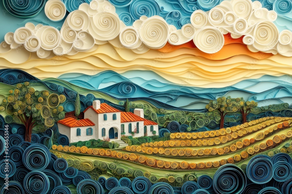 Intricate Paper Cut Quilling Mansion Overlooking Vineyard Estate - Luxury Travel in Wine Country Concept Intricate Paper Cut Quilling Mansion Overlooking Vineyard Estate - Luxury Travel in Wine Country Concept
