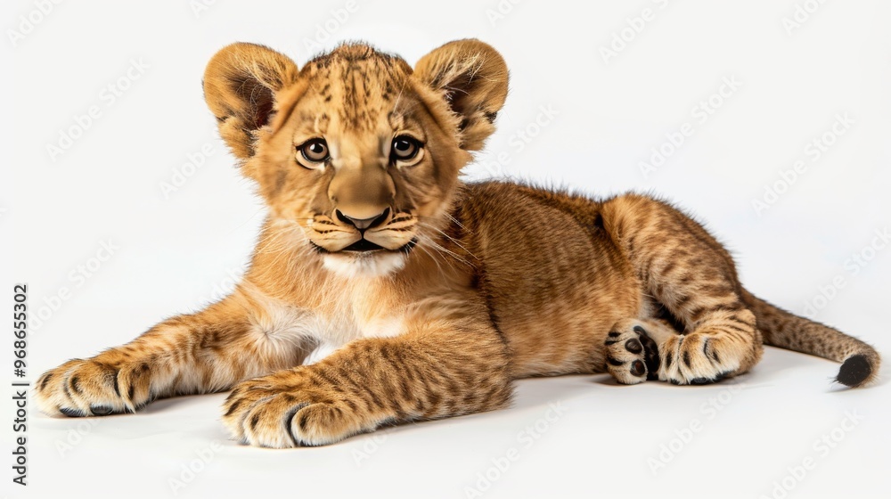 Playful Lion Cub Resting on a Light Background in a Serene Indoor Environment Playful Lion Cub Resting on a Light Background in a Serene Indoor Environment