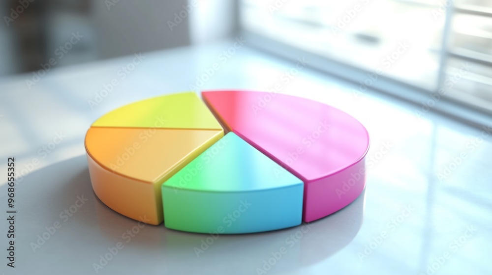 Fototapeta premium A dynamic 3D pie chart with segments in various bright colors, each section floating slightly above a white surface, symbolizing data analysis and statistics.