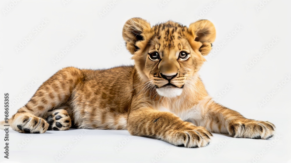 Young Lion Cub Lounging on a White Surface, Showcasing Playful Curiosity During Daylight Young Lion Cub Lounging on a White Surface, Showcasing Playful Curiosity During Daylight