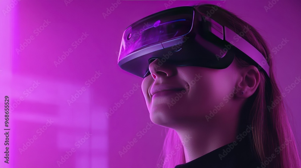 A young woman with a joyful expression on her face, wearing VR headset, in a neon pink room. A young woman with a joyful expression on her face, wearing VR headset, in a neon pink room.