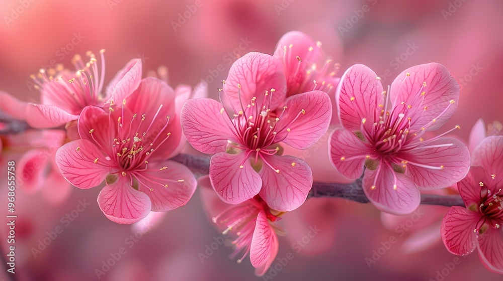 A close-up of delicate pink cherry blossoms in full bloom. A close-up of delicate pink cherry blossoms in full bloom.