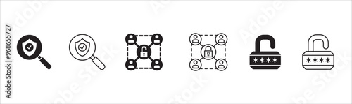 Business security and data icon set. Contains icon related to safety, authority, administrator, network, setting, protection, access, management. Vector illustration in thin line flat design