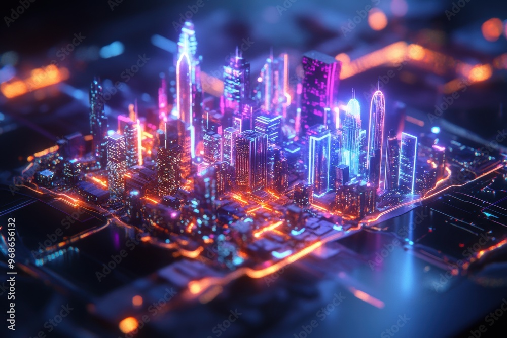 A holographic map of a virtual reality city, where buildings and streets dynamically light up as the view zooms in. A holographic map of a virtual reality city, where buildings and streets dynamically light up as the view zooms in.