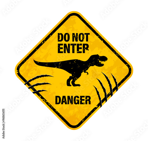 T Rex dinosaur warning sign with claw scratch marks, danger zone caution vector banner. T-Rex tyrannosaurus danger area yellow warning signboard with dinosaur silhouette and claw scratch fissures