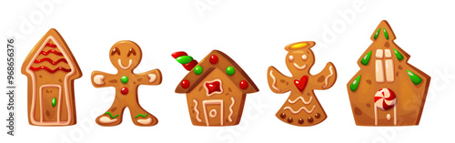 Christmas gingerbread house cookie illustration for winter holiday. Vintage ginger candy with icing for xmas. Traditional angel, man and home cartoon isolated dessert set. Beautiful sugar cake drawing