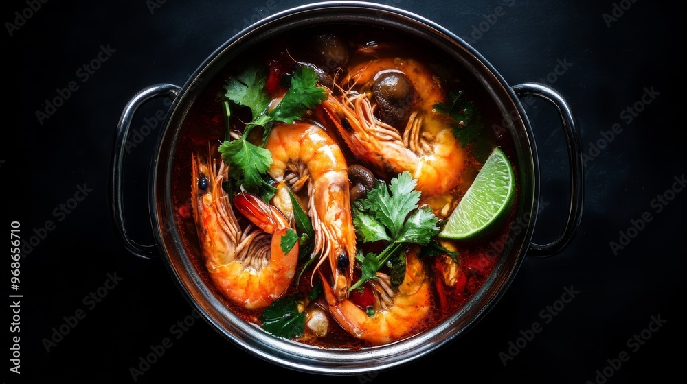 A hot bowl of Tom Yum Goong shot from above, with fresh prawns, mushrooms, lime leaves, and a rich, spicy broth glistening under the light. A hot bowl of Tom Yum Goong shot from above, with fresh prawns, mushrooms, lime leaves, and a rich, spicy broth glistening under the light.