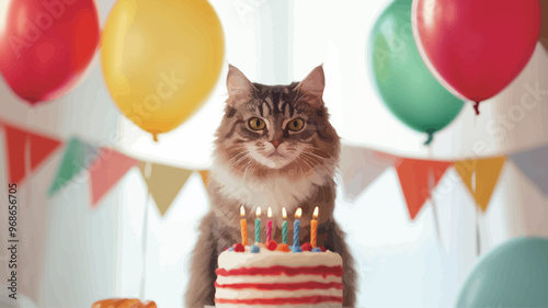 Cute cat with birthday cake and colorful balloons on the background.