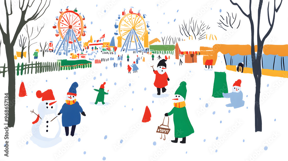 Winter outdoor activities childlike doodle art style. Drawing looks like it was made by a child. The artwork simple, colorful shapes and lines Winter outdoor activities childlike doodle art style. Drawing looks like it was made by a child. The artwork simple, colorful shapes and lines