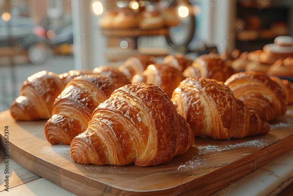 Freshly baked croissants with powdered sugar on a wooden board. Freshly baked croissants with powdered sugar on a wooden board.