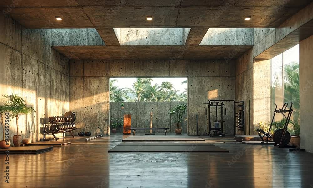 Luxury Home Gym with Concrete Walls and Natural Light Luxury Home Gym with Concrete Walls and Natural Light