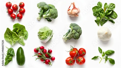 Food and fruit and vegetable pie charts presented on a clean white background. Each food group is different. It presents an engaging and educational picture of balanced nutrition.

