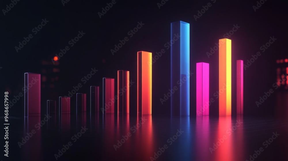 A sleek 3D bar graph with glossy columns of different heights, set against a dark background, emphasizing data visualization in finance and business A sleek 3D bar graph with glossy columns of different heights, set against a dark background, emphasizing data visualization in finance and business