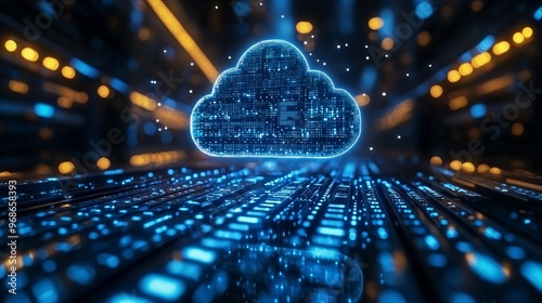 Digital artwork depicting cloud computing technology It represents a concept that seamlessly integrates into the office environment. and computer screens that display information	