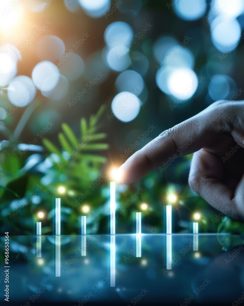 A hand interacts with glowing graph bars amidst green foliage, symbolizing growth and digital progress in nature. A hand interacts with glowing graph bars amidst green foliage, symbolizing growth and digital progress in nature.